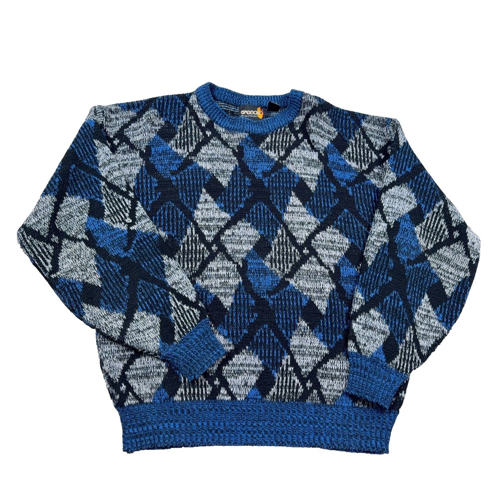 Vintage Grandpa Sweater Men XL Blue Geometric Knit 90s Acrylic Cosby Biggie